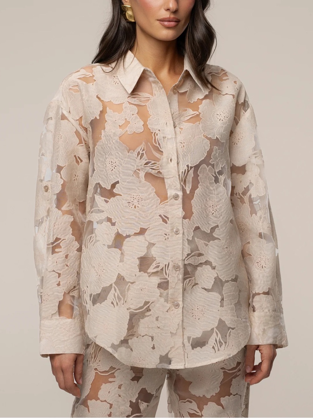 JLUXLABEL Beige Organza Floral Button-Up